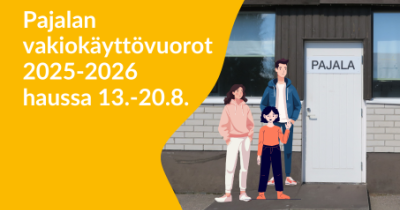 Kuvituskuva jossa rakennuksen edessä seisoo kolme ihmishahmoa