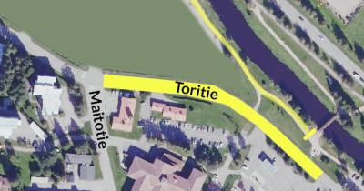 Ilmakuva Nivalan keskustasta jossa karttaan merkitty toritien sulku