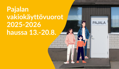 Kuvituskuva jossa rakennuksen edessä seisoo kolme ihmishahmoa