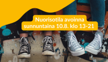 Kuvituskuva jossa lukee Nuorisotila avoinna sunnuntaina 10.8. klo 13-21